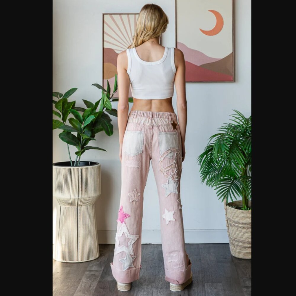 Oli & Hali Light Pink Wide Leg Jeans with Star Patches - Picture 6 of 6